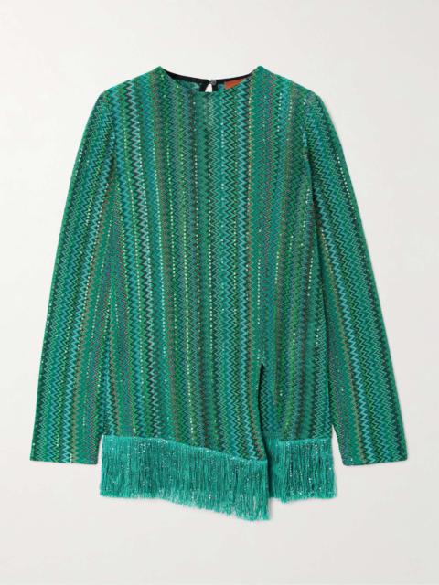 Fringed sequin-embellished metallic crochet-knit sweater Green