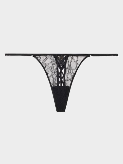 KIKI DE MONTPARNASSE Precieuse Low-Rise Lace & Charmeuse G-String