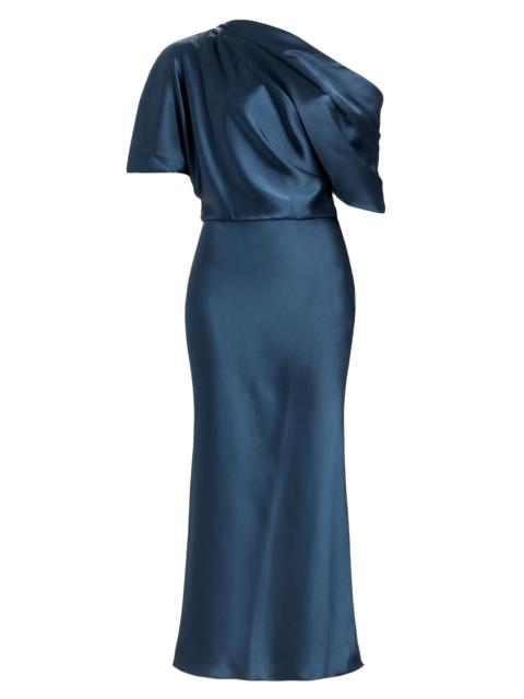 AMSALE Women's Draped Satin Pencil Midi-Dress - French Blue