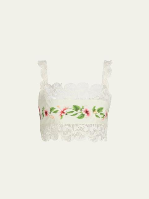 Oscar de la Renta Sleeveless Chine Hibiscus-Print Lace-Trim Crop Top