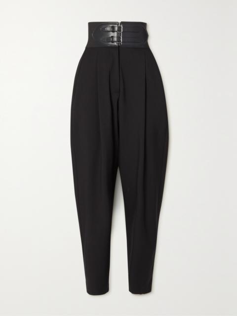 Alaïa Belted Pleated Leather-trimmed Wool-blend Tapered Pants