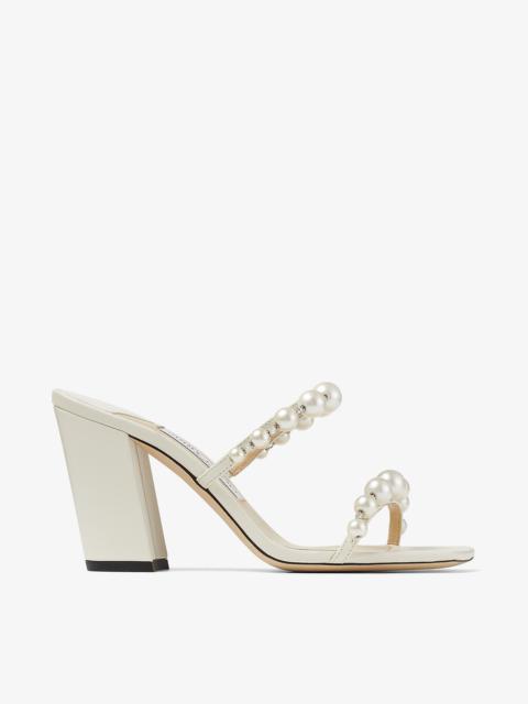 JIMMY CHOO Amara 85 Latte Nappa Leather Mules with Pearl Embellishment