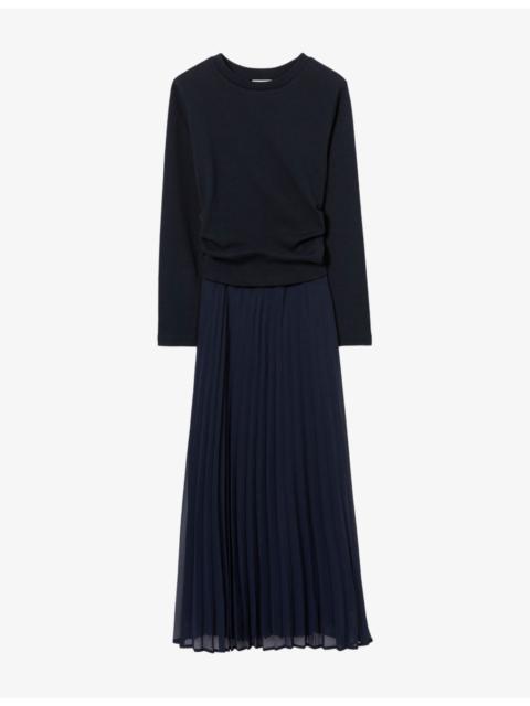 Claudie Pierlot Long-Sleeved Pleated Cotton and Woven Maxi Dress