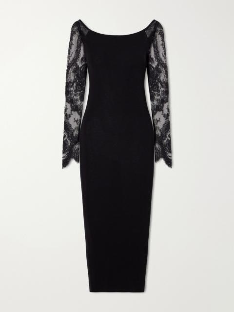 Valentino Lace-trimmed wool-blend midi dress Black