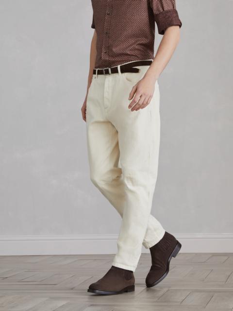 Brunello Cucinelli Garment-dyed slubbed denim leisure fit five-pocket trousers with rips