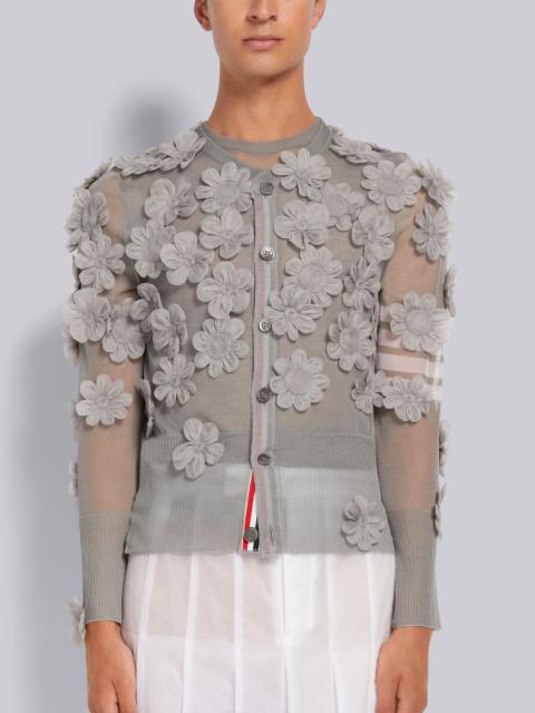 Thom Browne Light Grey Silk Organza Flower Applique 4-Bar Crew Neck Cardigan