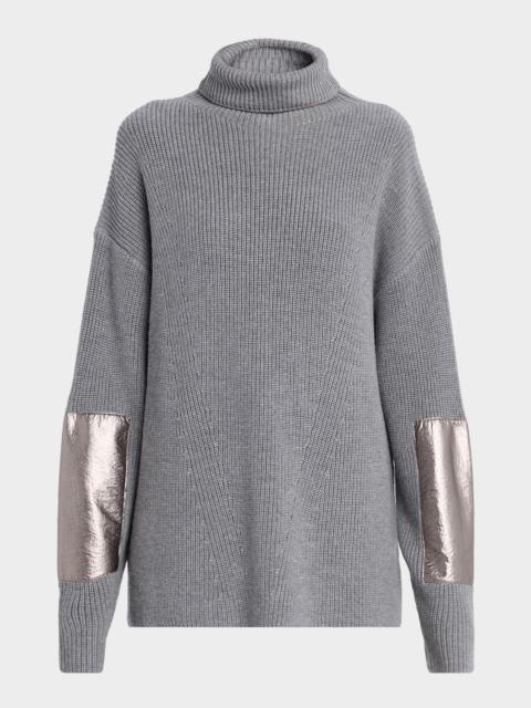 LAPOINTE Metallic Leather-Patch Merino Wool Turtleneck Sweater