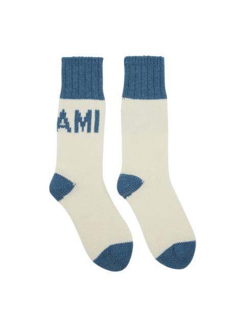 AMI Paris Off-White & Blue Logo Socks