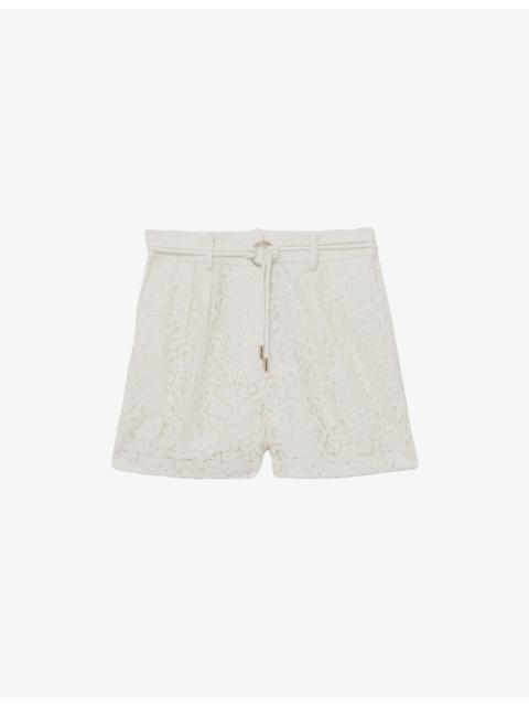 REISS Lori Belted-Waist Lace Shorts