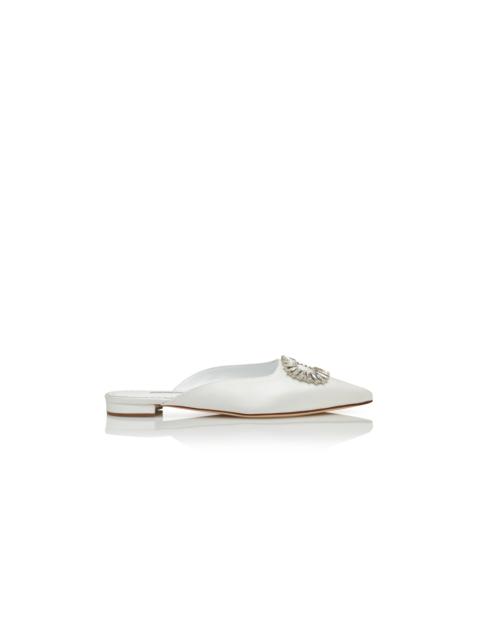 Manolo Blahnik White Satin Shell Crystal Embellished Mules