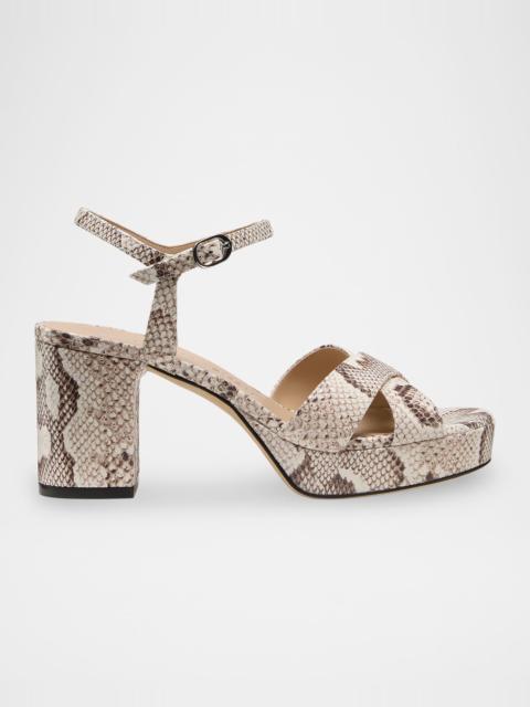 Stuart Weitzman 80mm Dayna Snake-Embossed Leather Platform Sandals