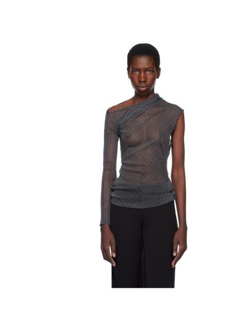 courrèges Black Asymmetric Striped Mesh T-shirt