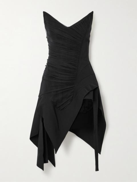 MUGLER Strapless Asymmetric Ruched Tulle-paneled Crepe Dress