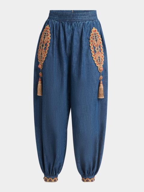 Valentino Embroidered Chambray Denim Wide-Leg Crop Blouson Trousers