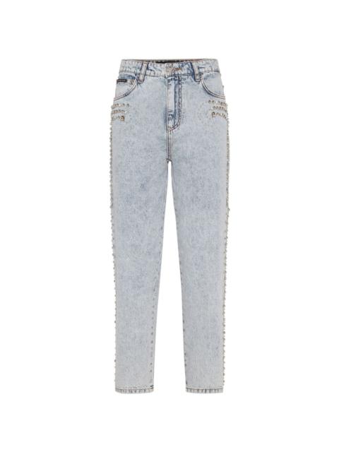 logo-patch cotton tapered jeans