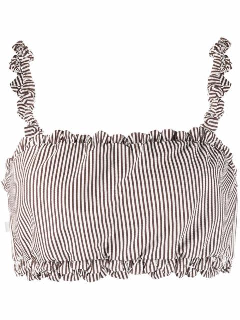 GANNI ruched striped bikini top