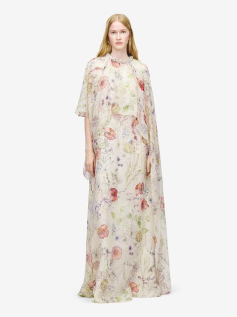 Alexander McQueen Meadow Floral Print Asymmetric Cape Dress
