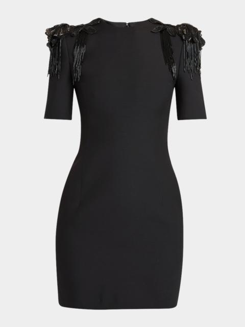 Valentino Embroidered Strong-Shoulder Crepe Mini Dress