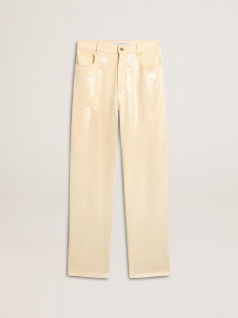 Ecru pants with transparent all-over sequins