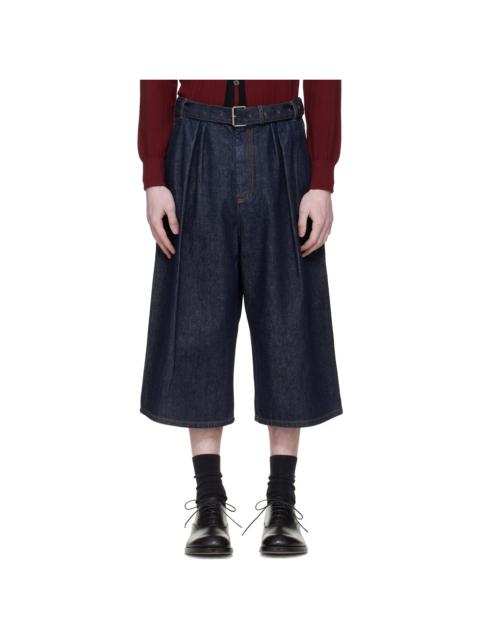 Dries Van Noten Navy Pleated Denim Shorts