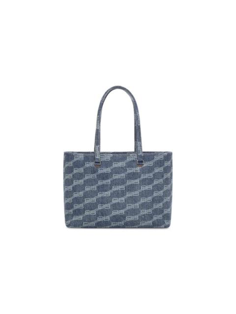 BALENCIAGA Signature Medium East-west Shopper Bag Bb Monogram Bleached Denim  in Blue