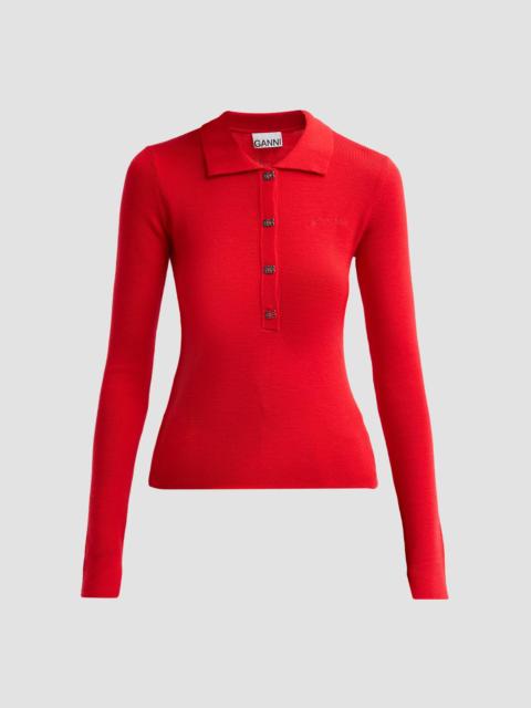 GANNI Women's Mini Merino Rib-Knit Long-Sleeve Polo Top - Goji Berry