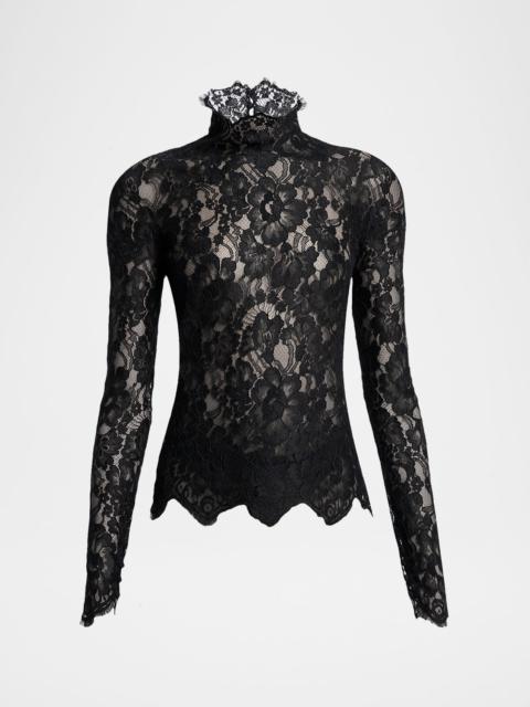 SAINT LAURENT Turtleneck Sheer Lace Long-Sleeve Top