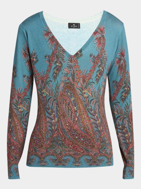 Etro V-Neck Paisley Stampa Silk Sweater
