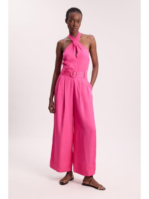 KAREN MILLEN Premium Viscose Linen Cross Front Halter Belted Woven Wide Leg Jumpsuit