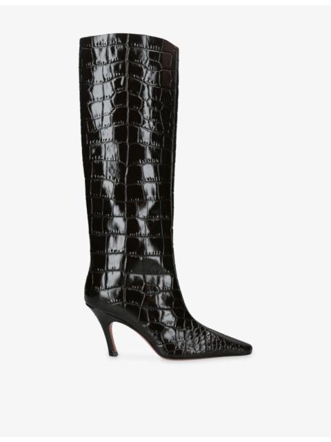 Amina Muaddi Mona 80 Croc-Effect Leather Heeled Knee-High Boots