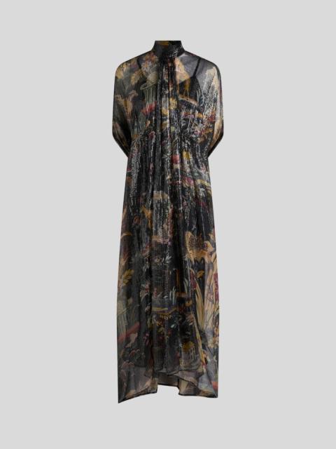 Etro LONG SILK DRESS WITH CAPE DETAIL AND FLOWER AND ANIMAL MOTIF