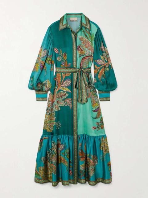 Franca belted tiered printed silk-satin maxi shirt dress