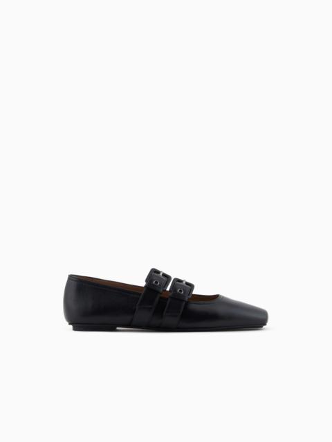 EMPORIO ARMANI NAPPA-LEATHER SQUARE-TOED BALLERINAS WITH DOUBLE STRAP
