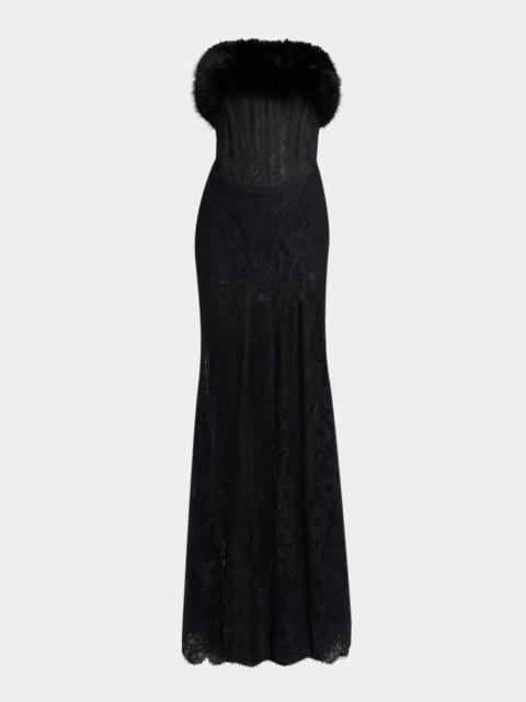 ELIE SAAB Faux-Fur Trim Strapless Lace Corset Gown