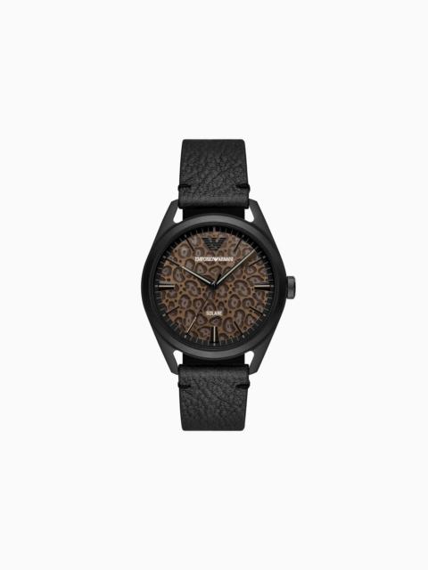 EMPORIO ARMANI Solar-Powered Three-Hand Black Leather Watch