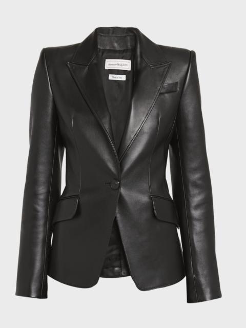 Leather Tailored Single-Breasted Blazer Jacket
