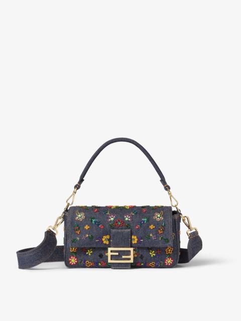 FENDI Baguette® Dark blue denim bag with floral embroidery