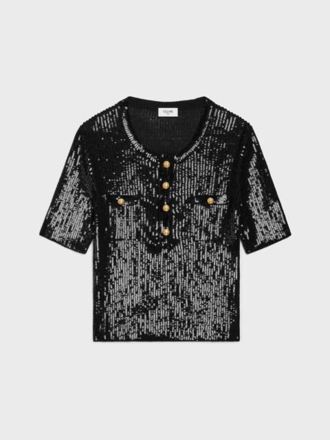 CELINE Embroidered short-sleeved top in ribbed silk