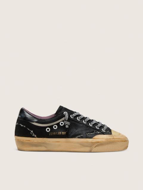 Golden Goose Men's Super-Star LAB in black laminated suede and nylon with raised star and laces with crystals