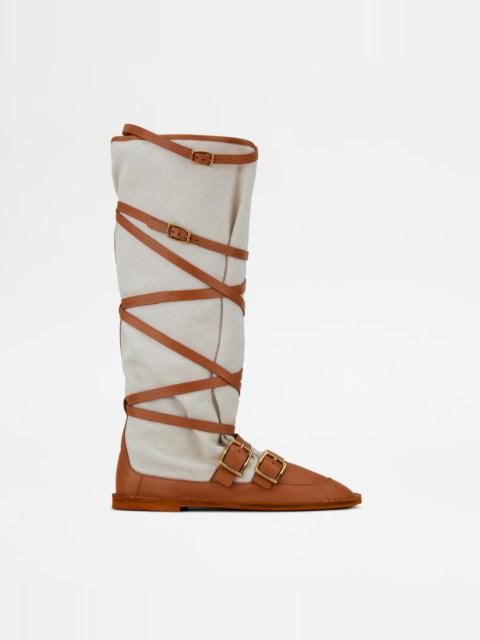 Tod's BOOTS IN LEATHER AND CANVAS - OFF WHITE, BEIGE