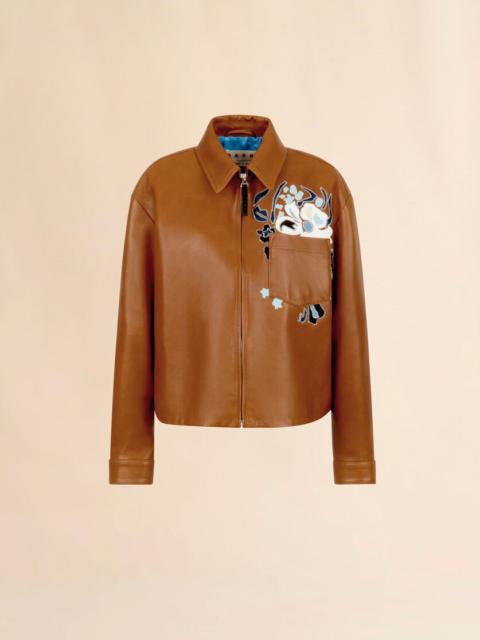 Marni BROWN LEATHER OVERSHIRT WITH FLOWER INTARSIA