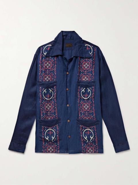 Camp-Collar Indigo-Dyed Printed Linen Shirt