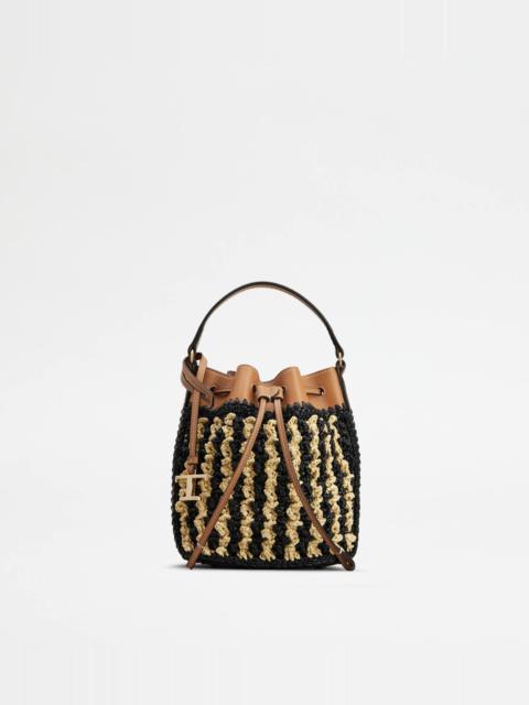 Tod's BUCKET BAG IN LEATHER AND RAFFIA MICRO - BEIGE, BROWN, BLACK