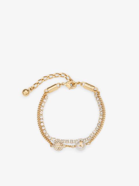 JIMMY CHOO Auri Chain Bracelet White and Gold Finish Metal Crystal and Pearl Chain Bracelet