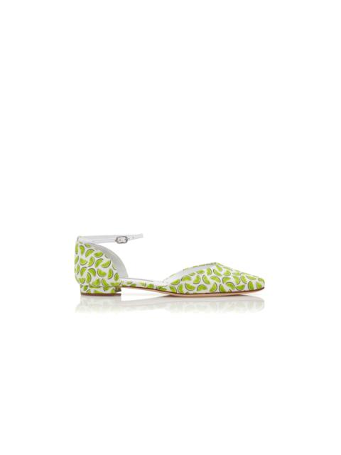 Manolo Blahnik White and Green Printed Linen Flat Shoes