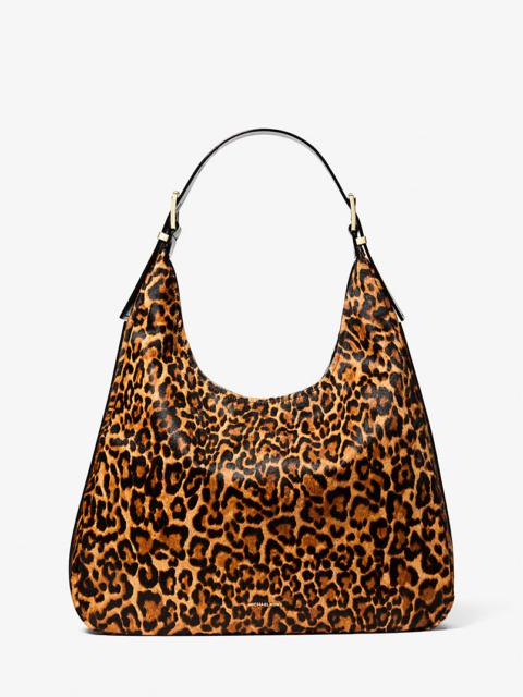 MICHAEL KORS Nolita Large Leopard Print Calf Hair Hobo Shoulder Bag