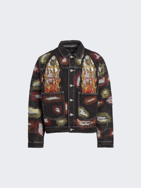 WHO DECIDES WAR Embroidery Trucker Jean Jacket Black And Multicolor