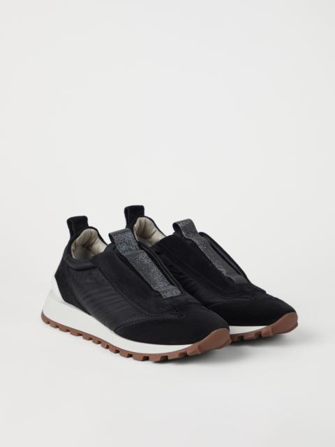 Brunello Cucinelli Suede와 techno 직물 주자 귀중한 세부사항