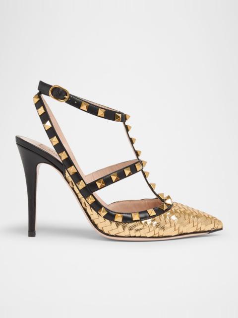 100mm Rockstud Intreccio Metallic Leather Ankle-Strap Pumps