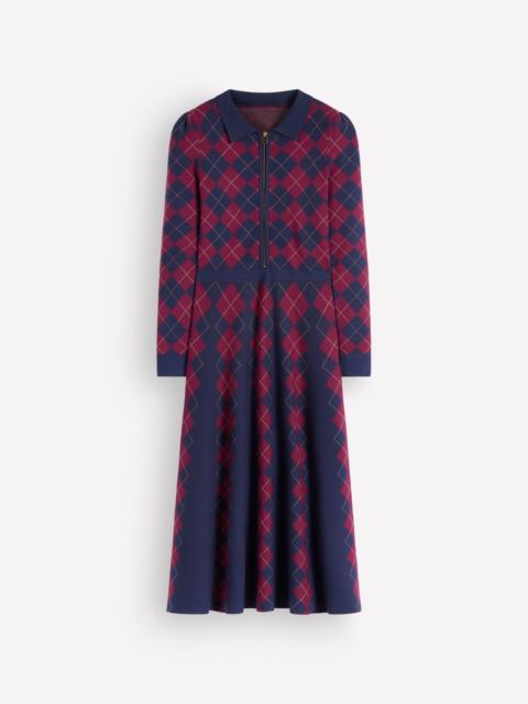 BODEN Fiona Zip Front Knitted Dress-Navy and Maroon Argyle